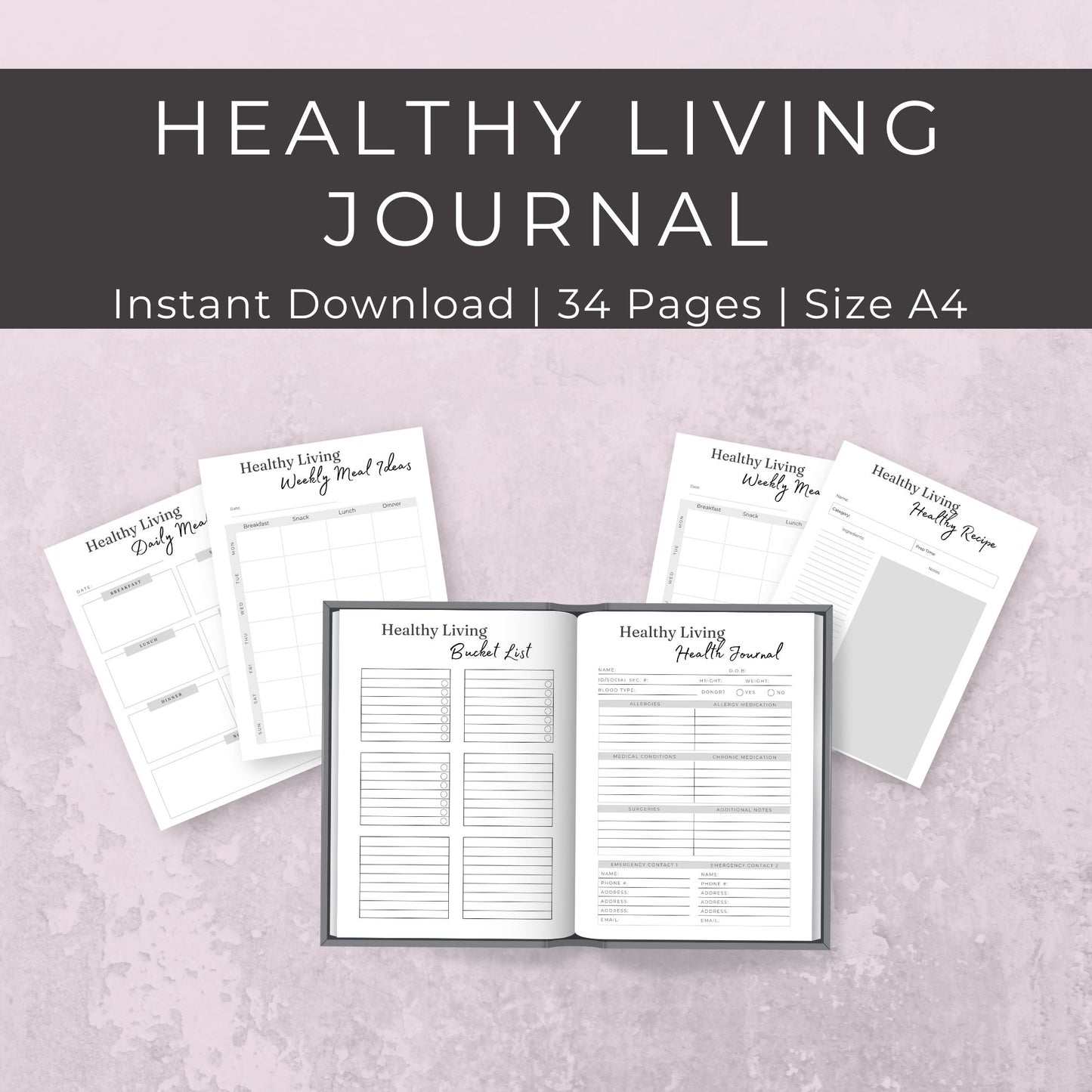 34-Page Healthy Living Journal | Meal, Fitness, Mood, and Habit Trackers | Self-Care Planner