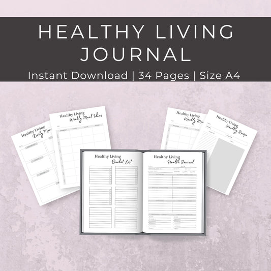 34-Page Healthy Living Journal | Meal, Fitness, Mood, and Habit Trackers | Self-Care Planner