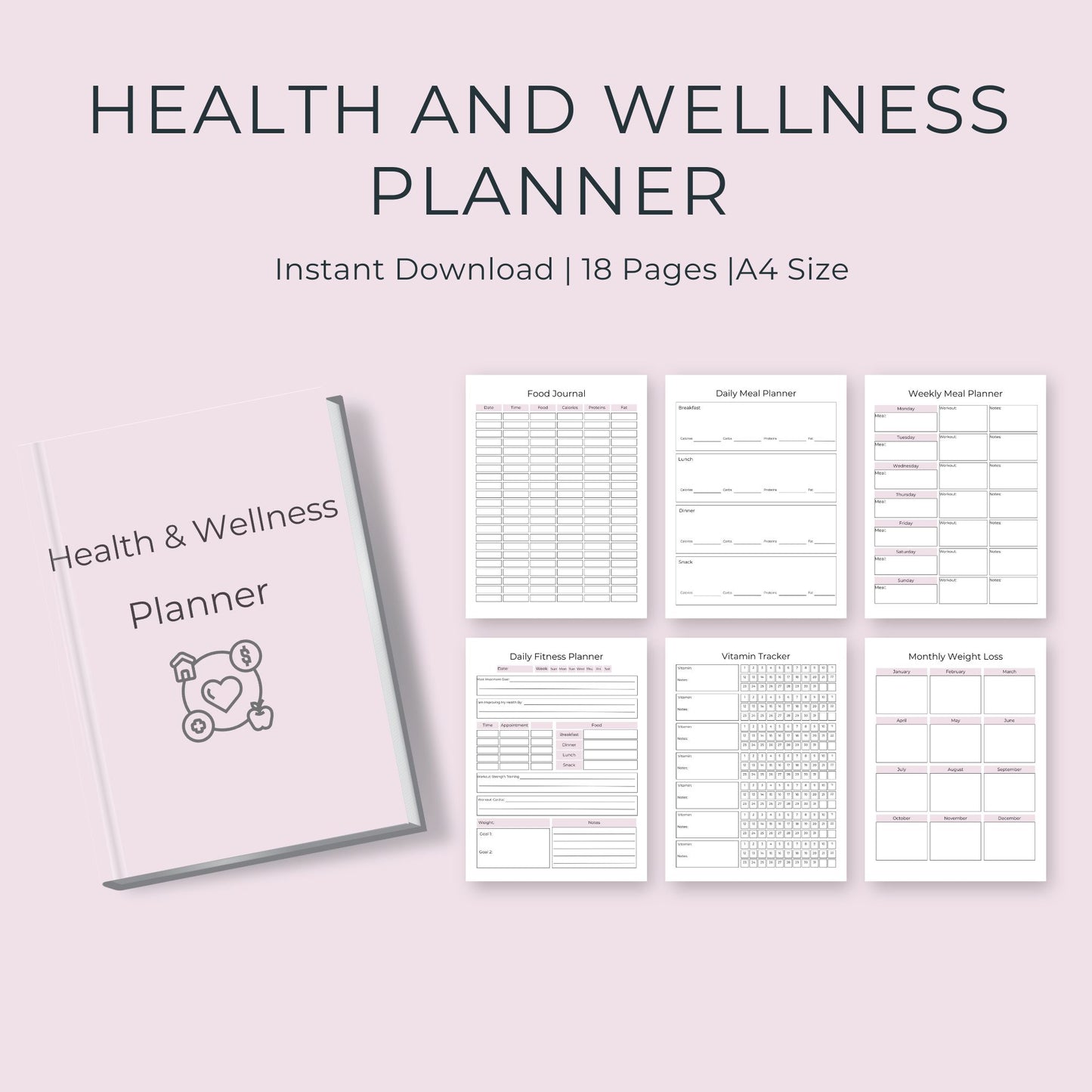 18-Page Health & Wellness Planner | Fitness, Nutrition, & Self-Care Organizer