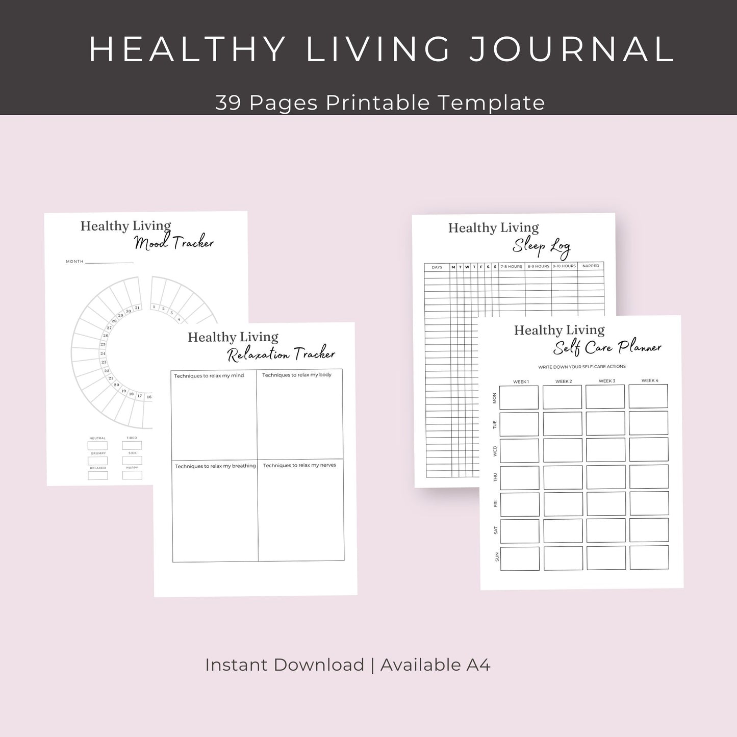 34-Page Healthy Living Journal | Meal, Fitness, Mood, and Habit Trackers | Self-Care Planner