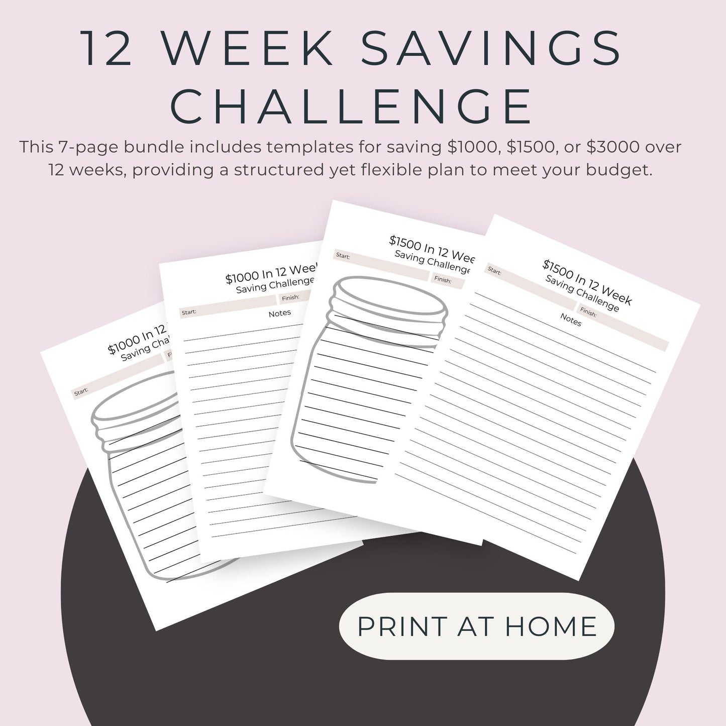 12-Week Savings Challenge – $1000, $1500, $3000 Goals | 7-Page Bundle