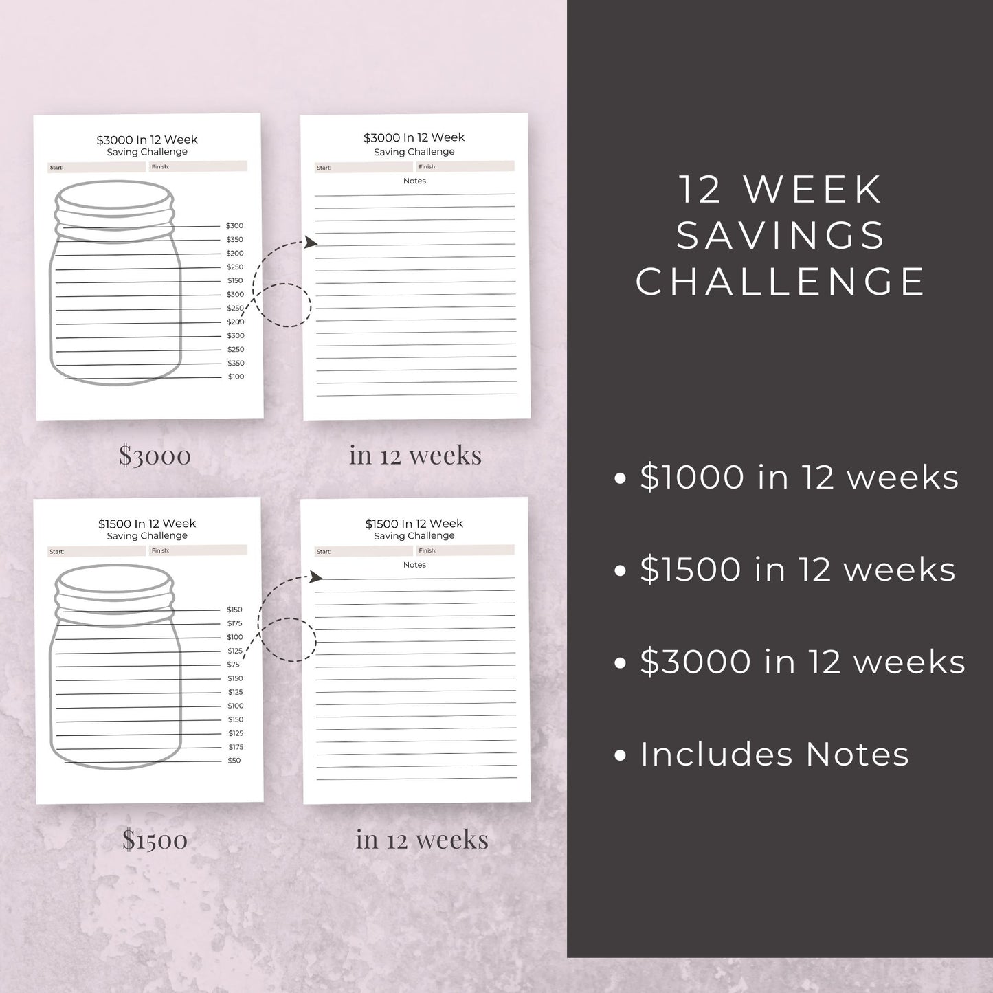 12-Week Savings Challenge – $1000, $1500, $3000 Goals | 7-Page Bundle