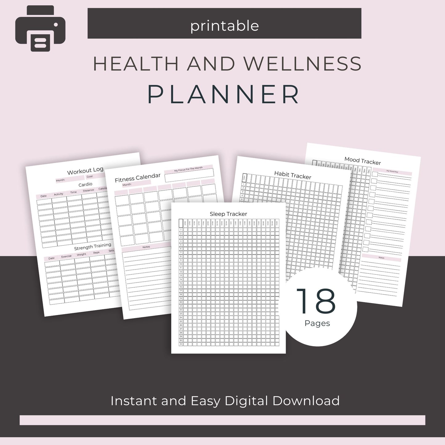 18-Page Health & Wellness Planner | Fitness, Nutrition, & Self-Care Organizer