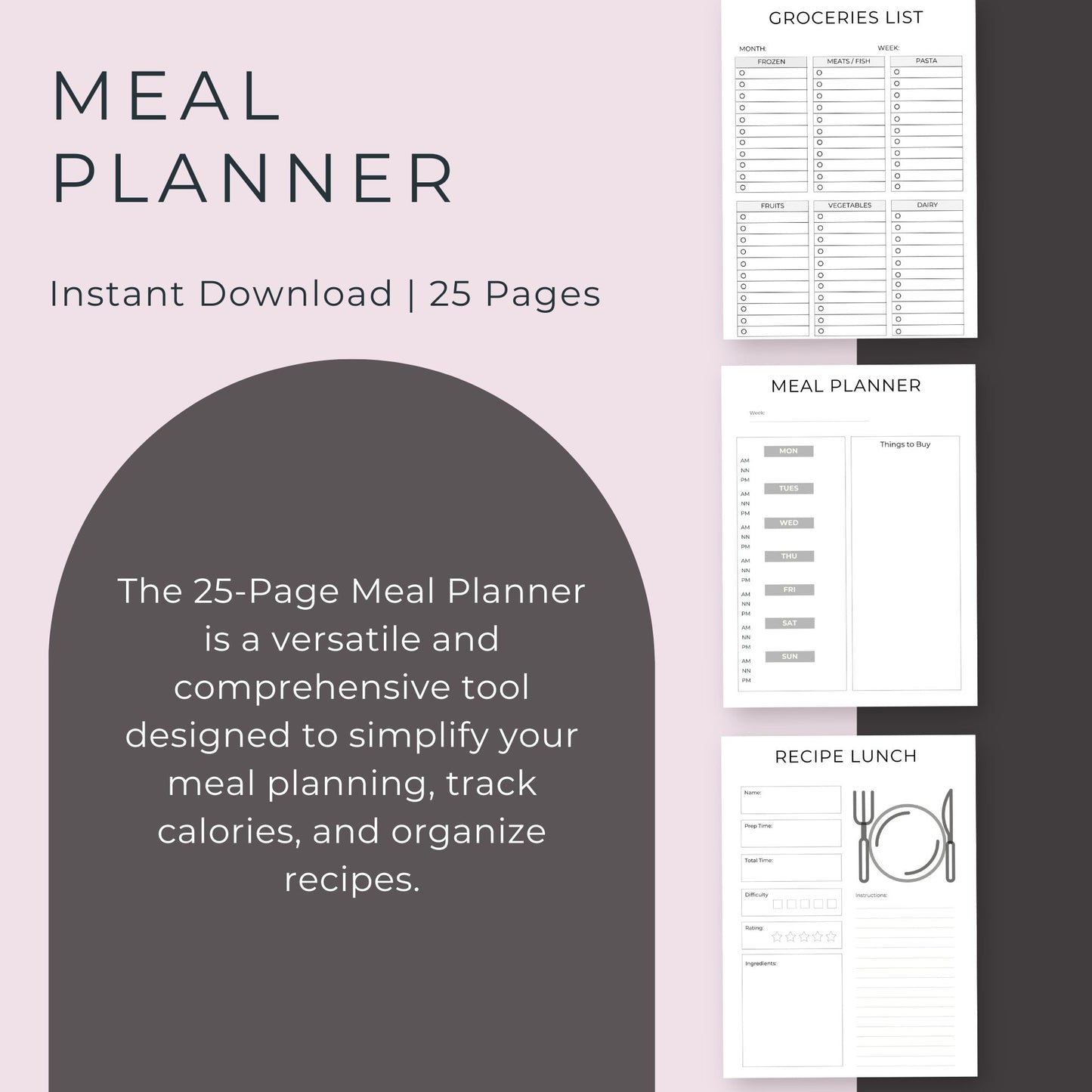 25-Page Meal Planner | Daily, Weekly, Monthly Meal Planning & Recipe Organizer