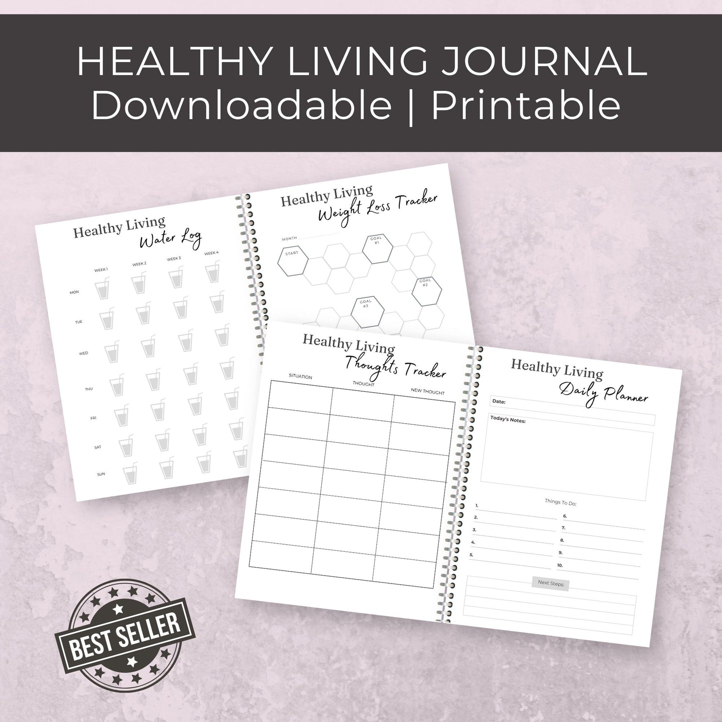 34-Page Healthy Living Journal | Meal, Fitness, Mood, and Habit Trackers | Self-Care Planner