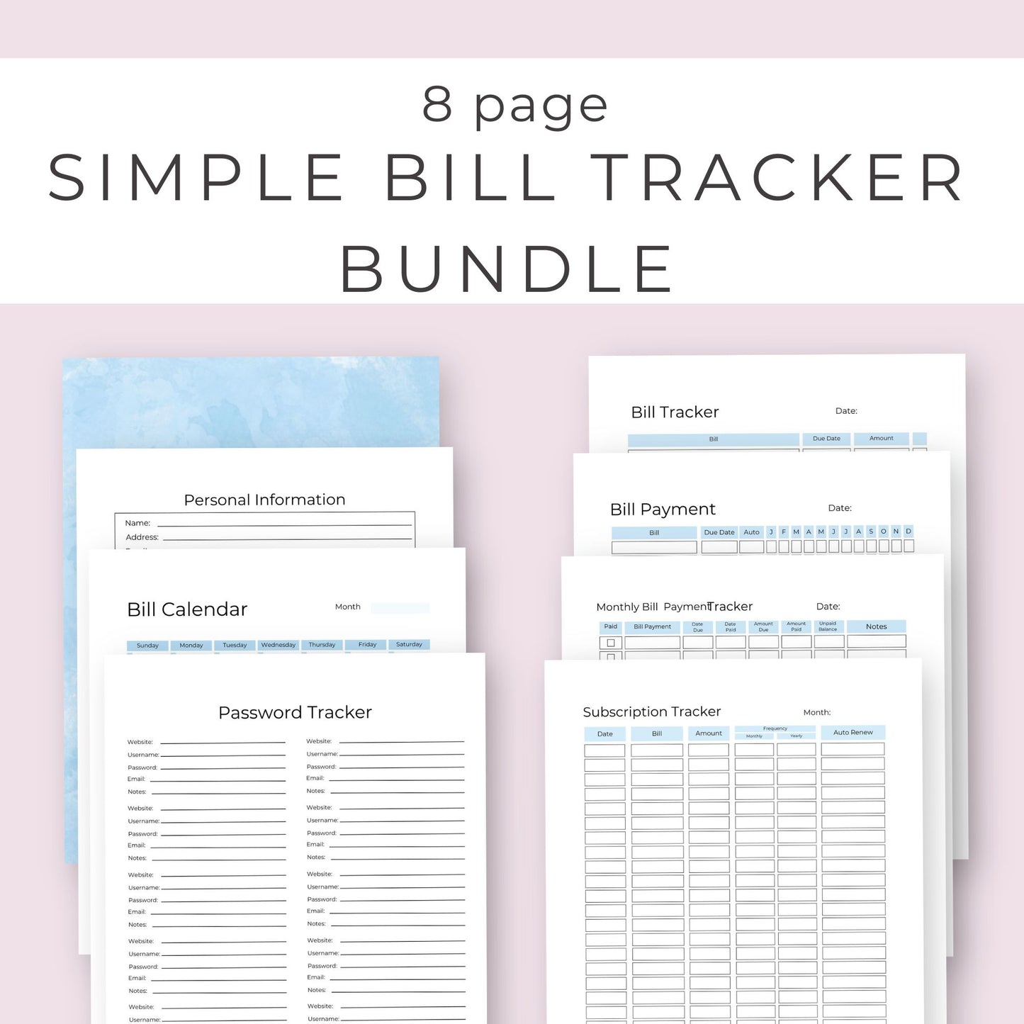 8-Page Simple Bill Tracker Bundle: Stay Organized and On Budget