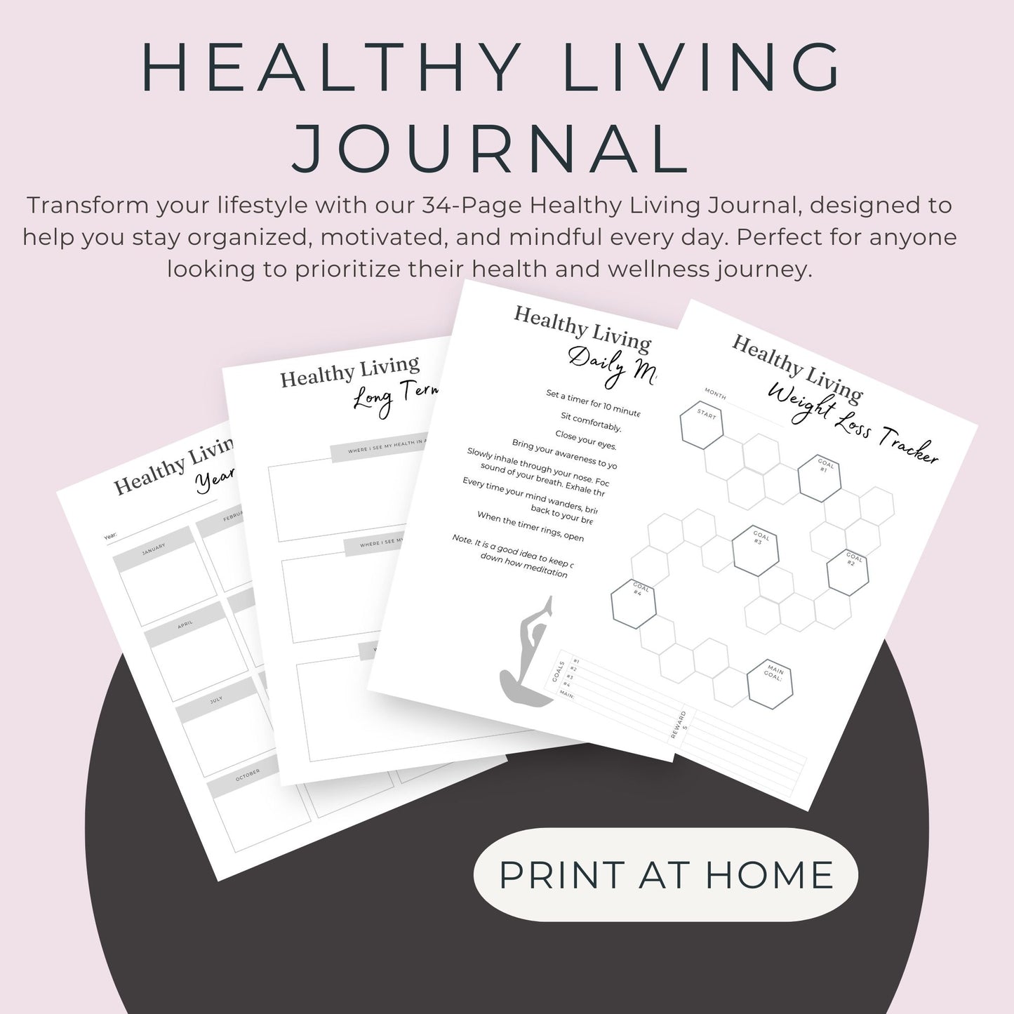 34-Page Healthy Living Journal | Meal, Fitness, Mood, and Habit Trackers | Self-Care Planner