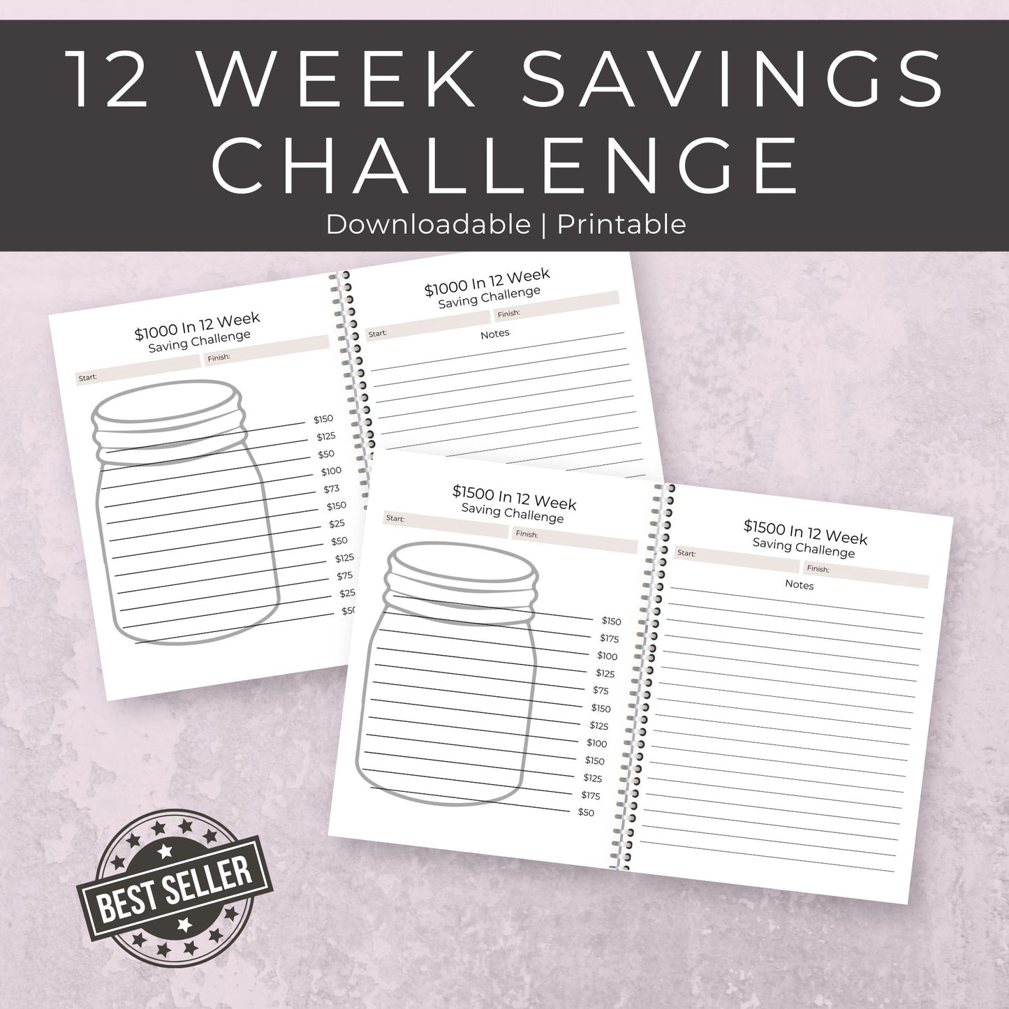 12-Week Savings Challenge – $1000, $1500, $3000 Goals | 7-Page Bundle