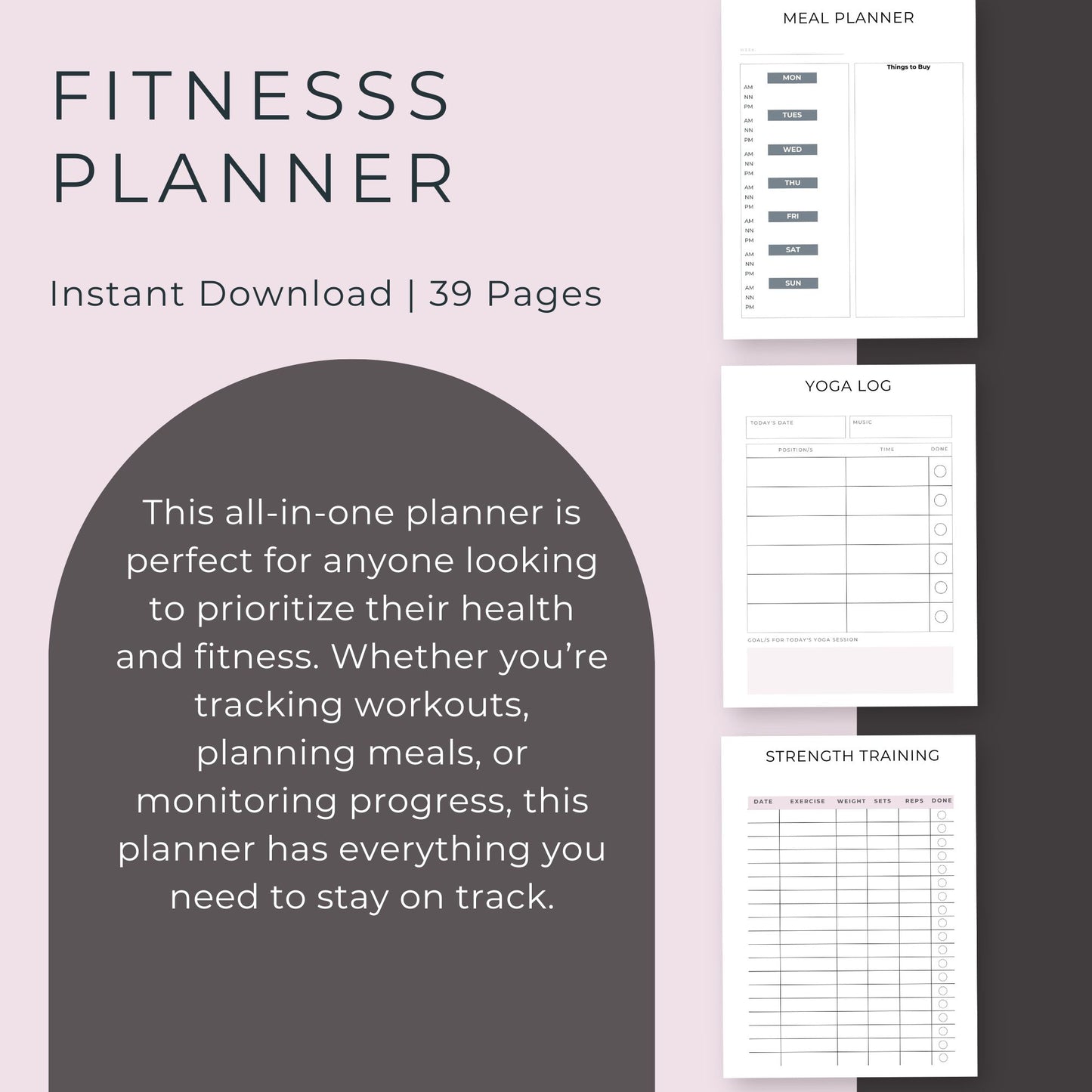 39-Page Fitness Planner | Printable Workout, Health & Meal Tracker