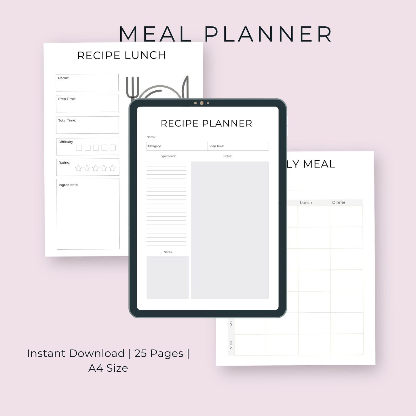 25-Page Meal Planner | Daily, Weekly, Monthly Meal Planning & Recipe Organizer