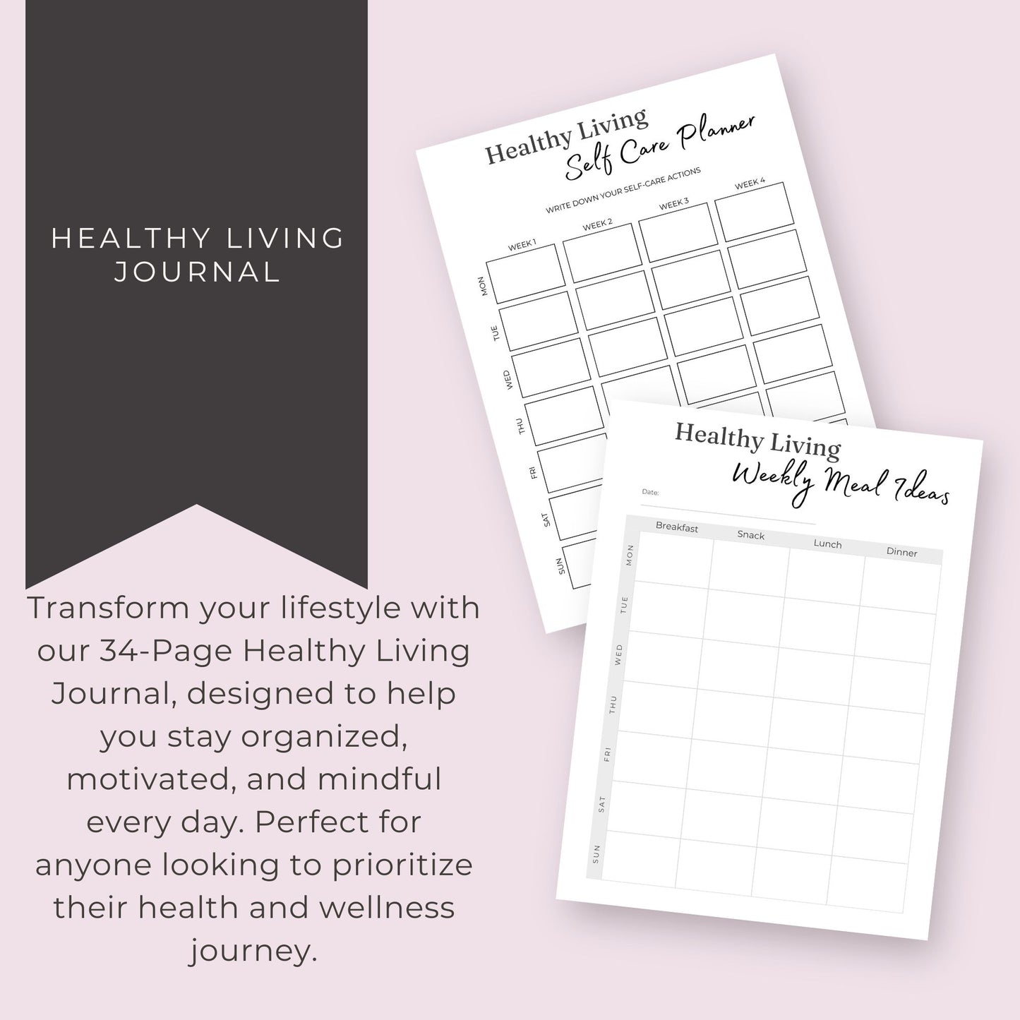 34-Page Healthy Living Journal | Meal, Fitness, Mood, and Habit Trackers | Self-Care Planner