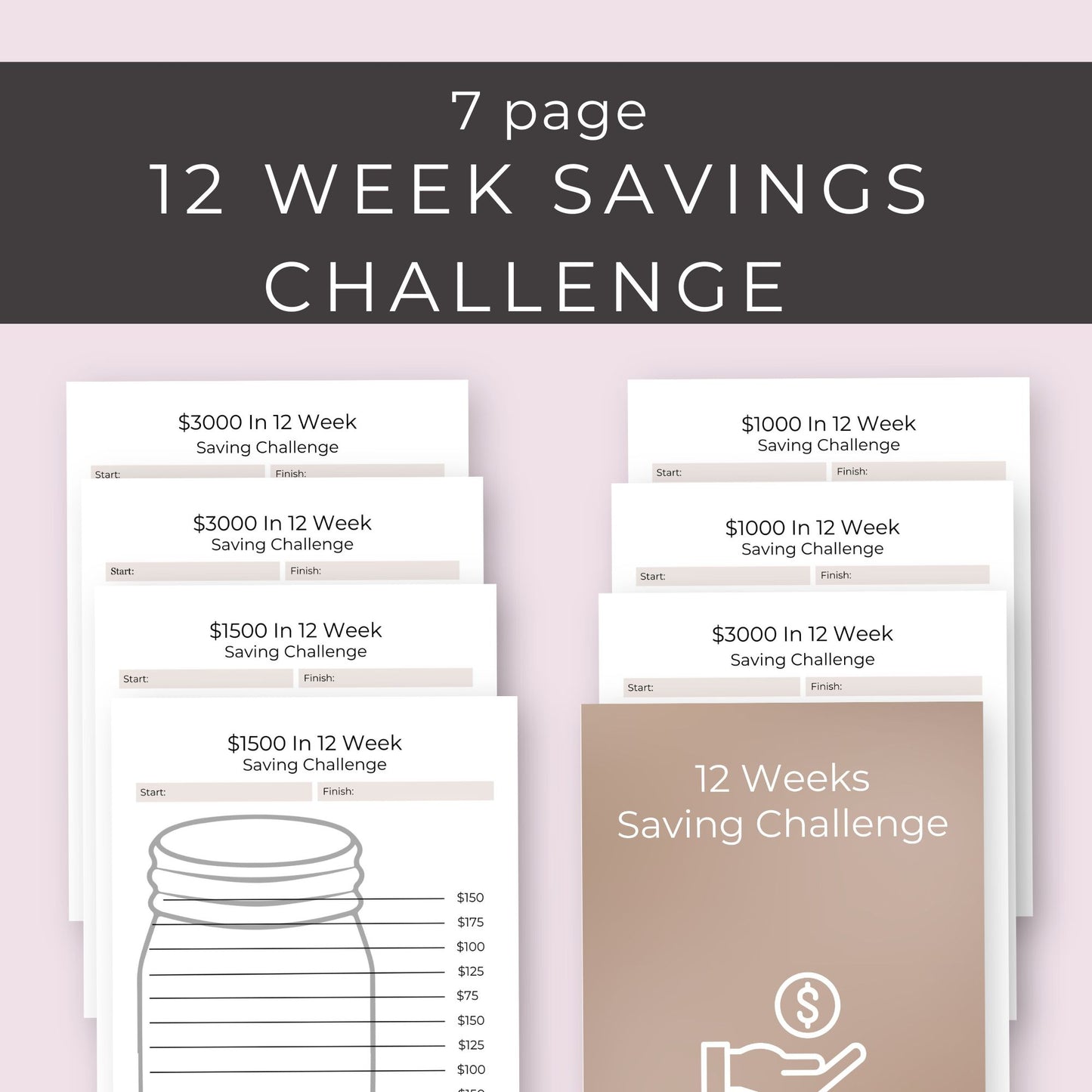 12-Week Savings Challenge – $1000, $1500, $3000 Goals | 7-Page Bundle