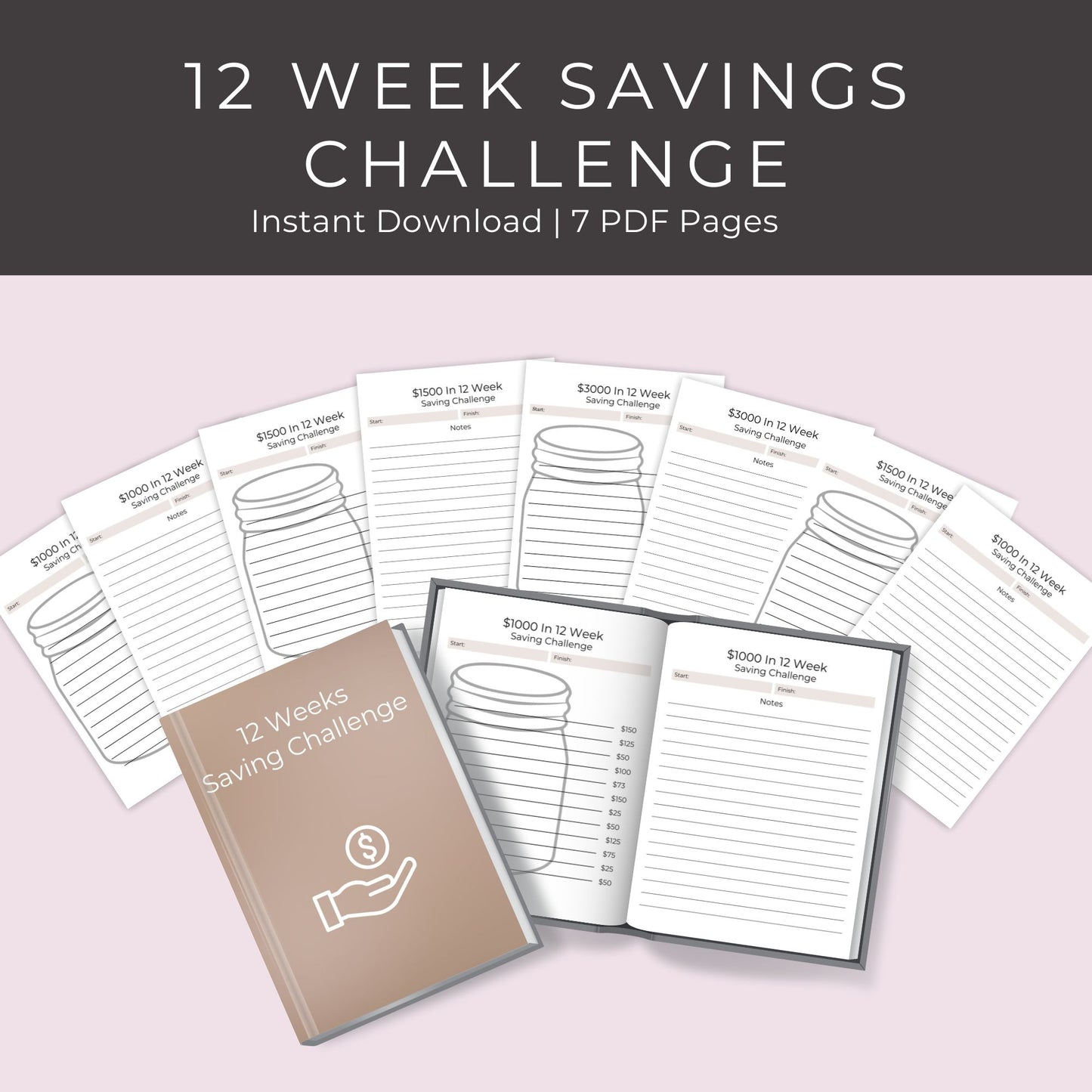 12-Week Savings Challenge – $1000, $1500, $3000 Goals | 7-Page Bundle