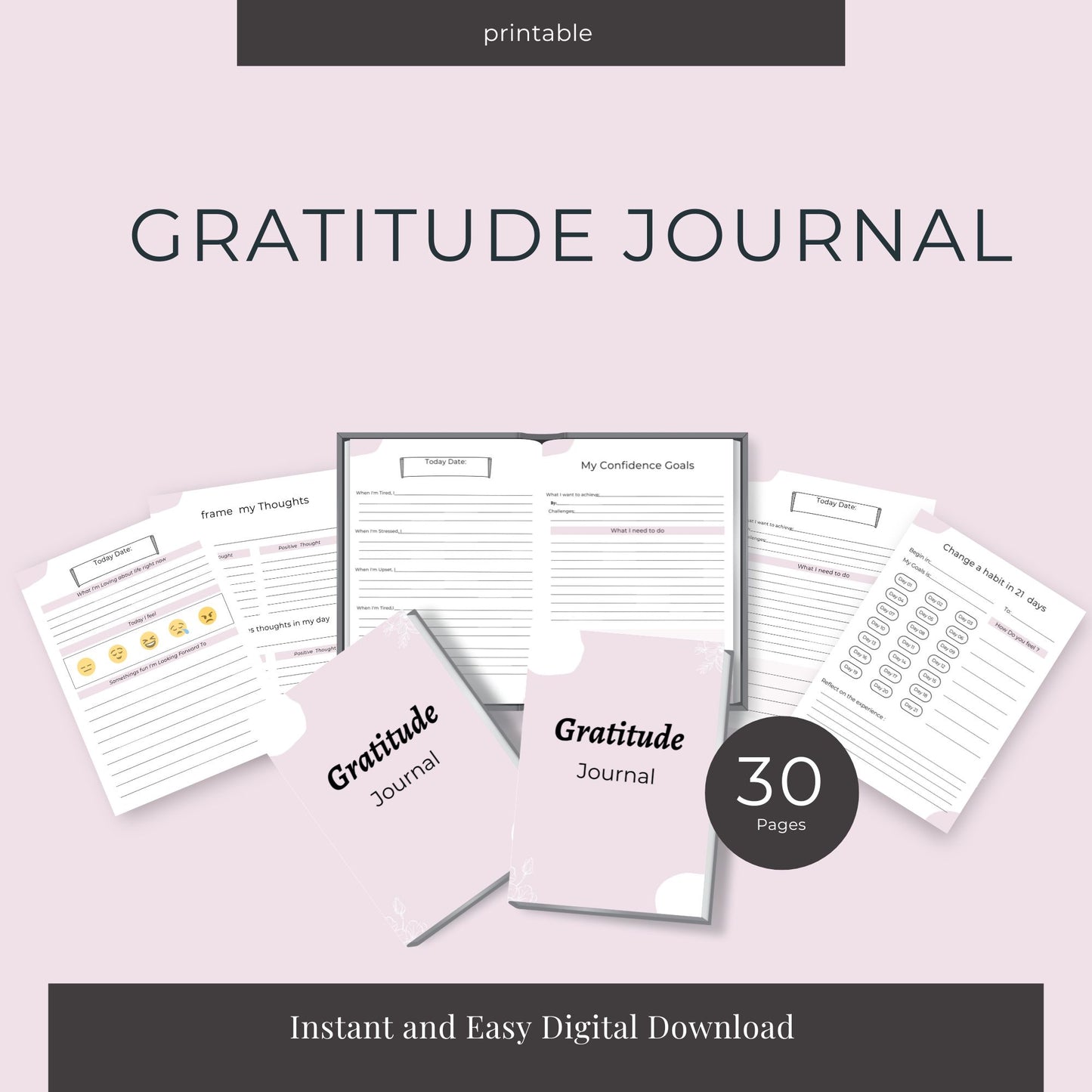 30-Page Gratitude Journal | Daily Prompts, Self-Reflection & Habit Tracking