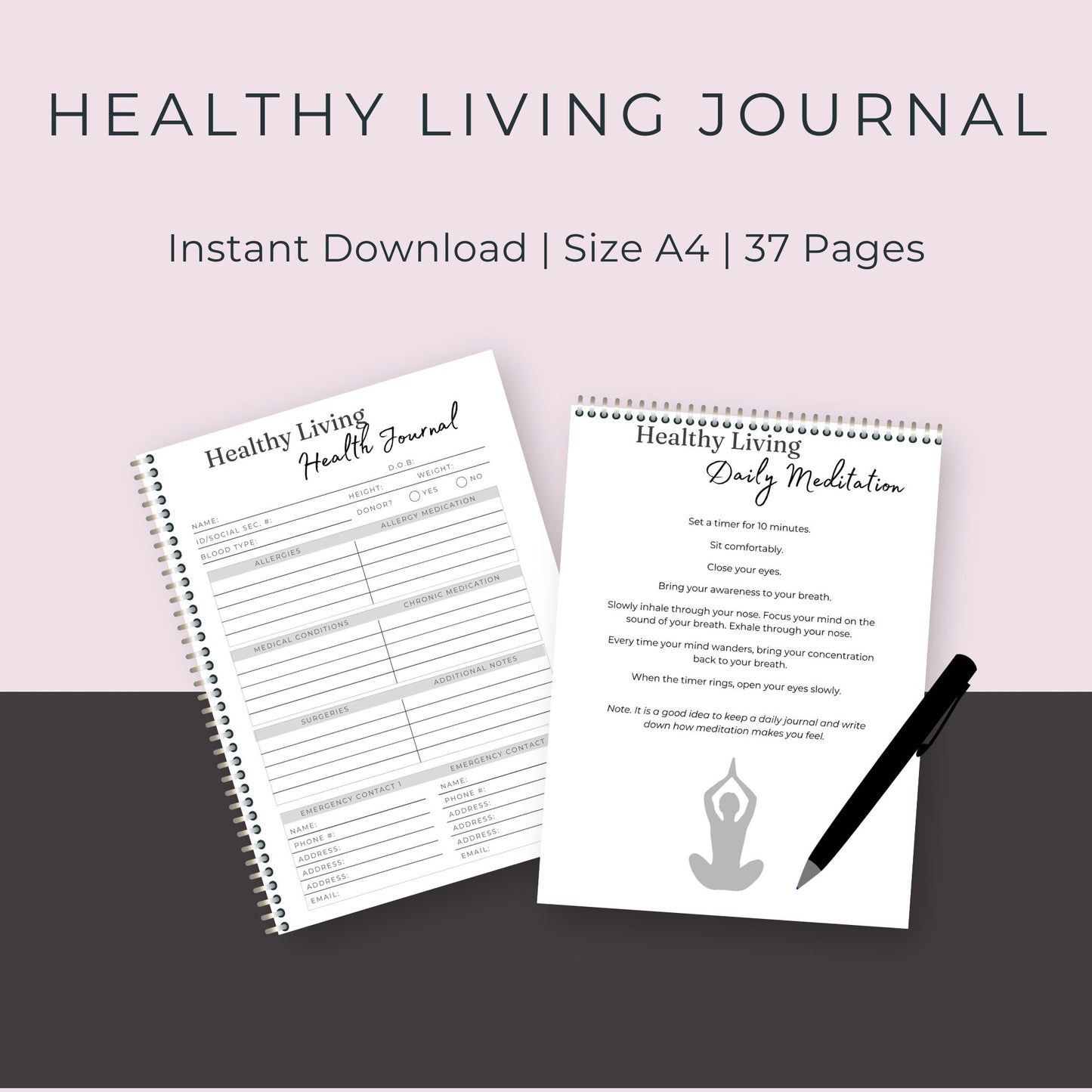 34-Page Healthy Living Journal | Meal, Fitness, Mood, and Habit Trackers | Self-Care Planner