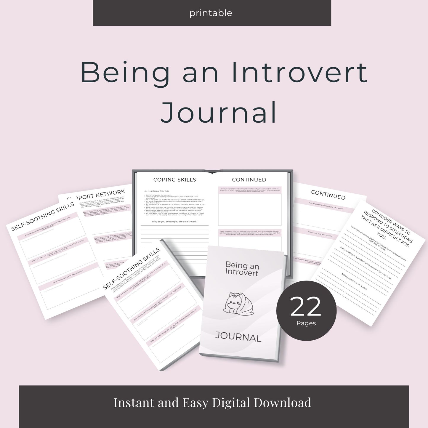 22-Page Introvert Journal Templates: Self-Soothing, Coping, and Relaxation Tools