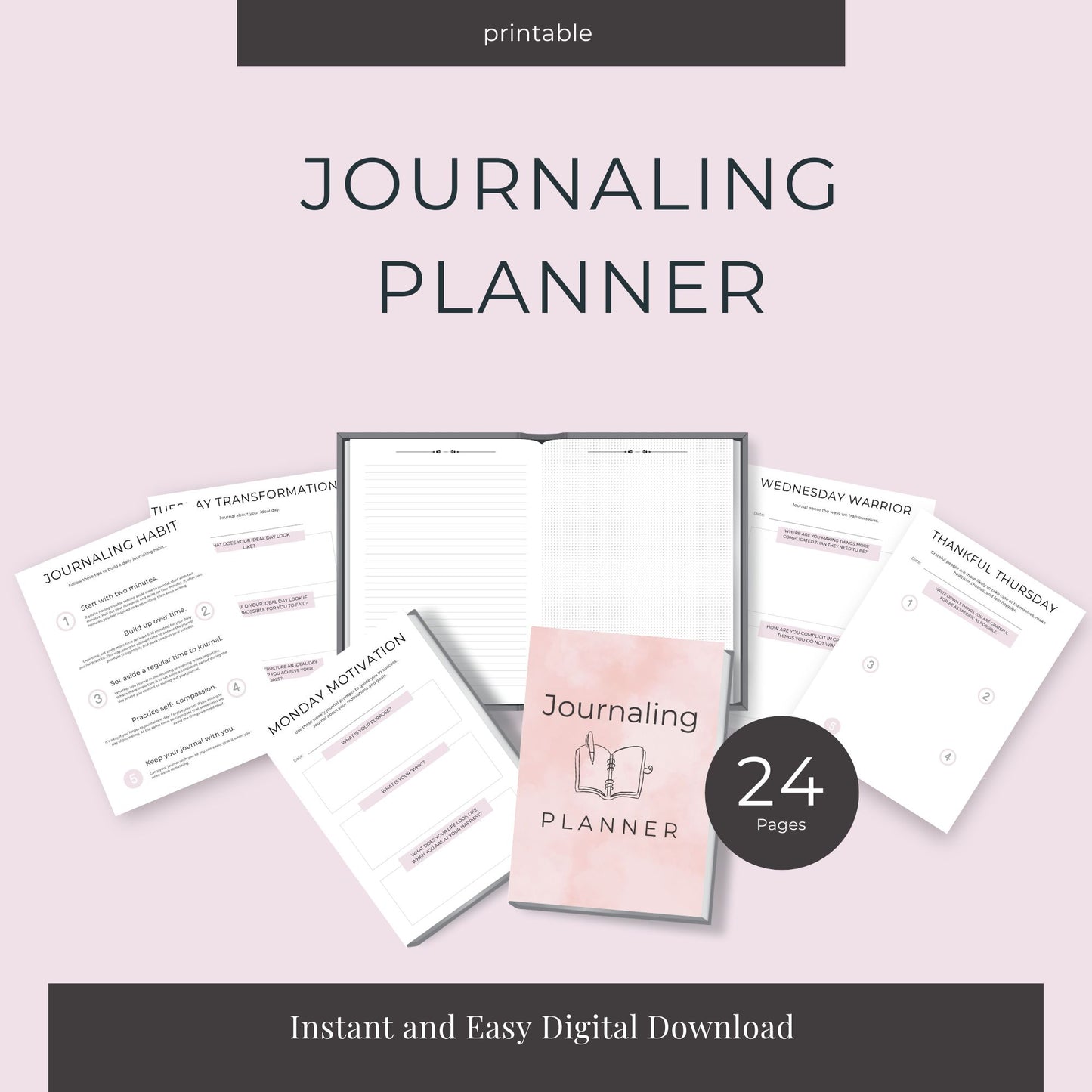 24-Page Journaling Planner: Habit Tracker & Daily Prompts with Styled Blank Pages