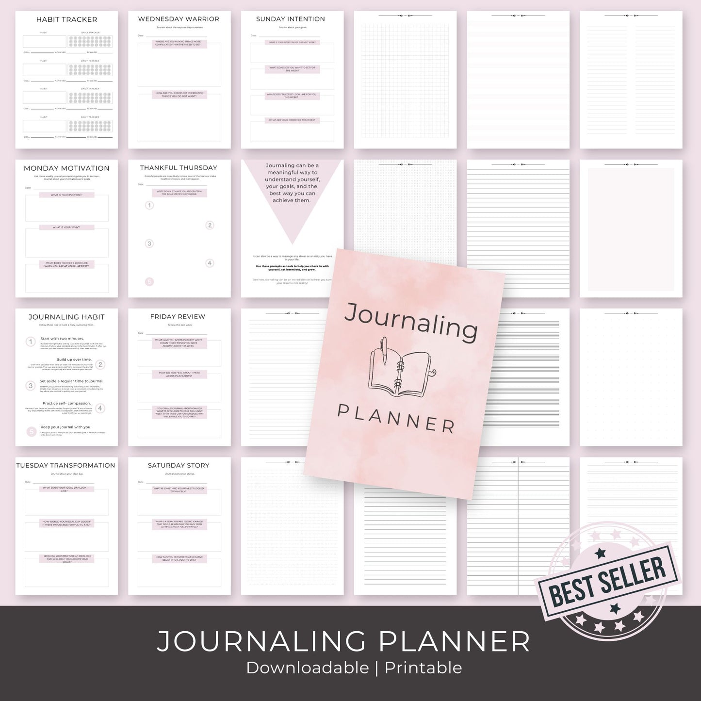 24-Page Journaling Planner: Habit Tracker & Daily Prompts with Styled Blank Pages