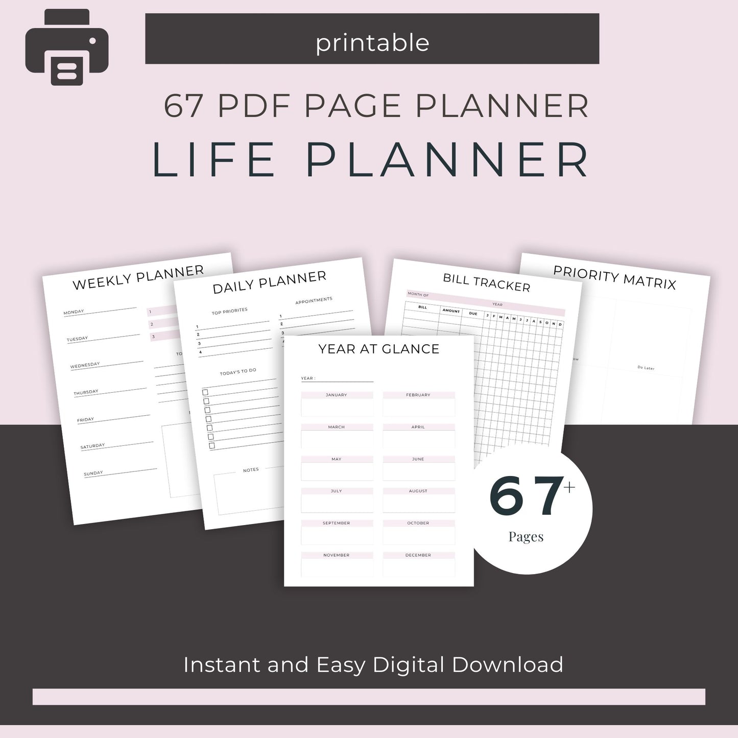 67-Page Life Planner: Goal Setting, Daily Organization, Finance & Wellness Printables