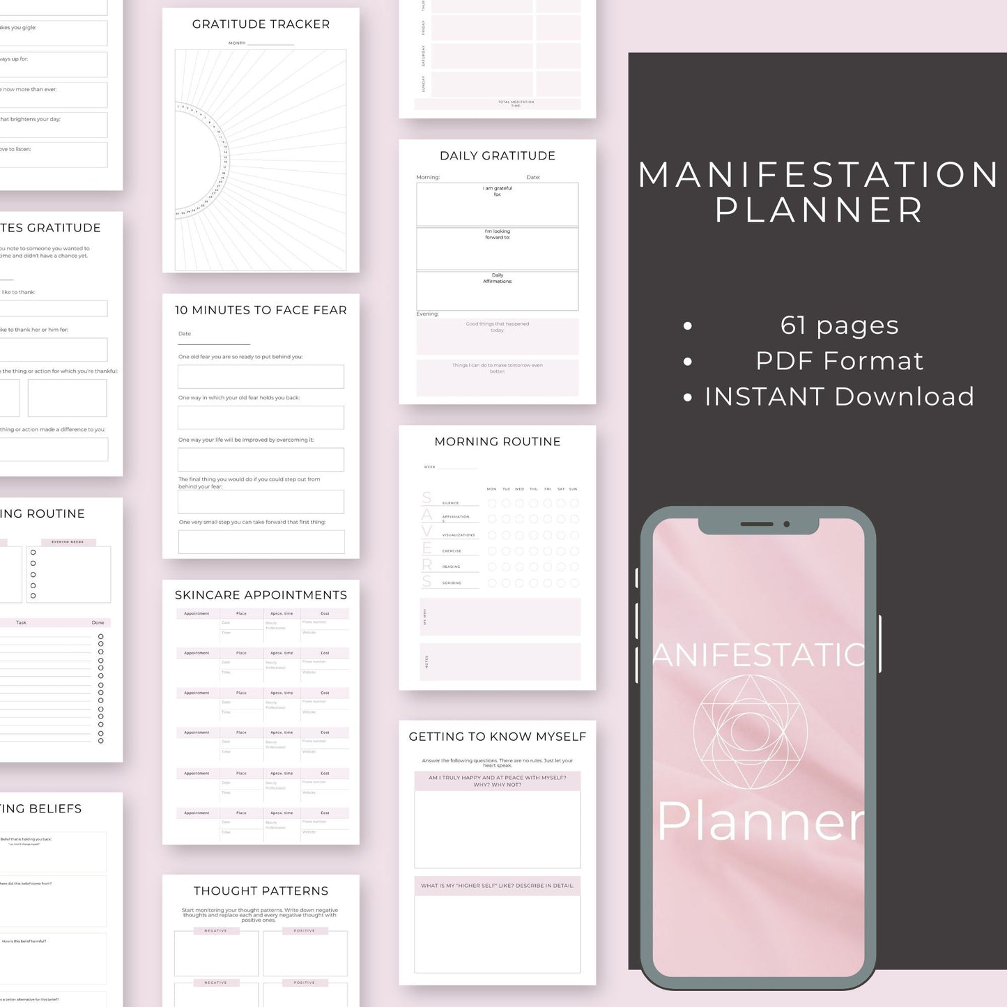 61-Page Manifestation Planner: Gratitude, Visualization, Affirmations & Goal Setting Printables