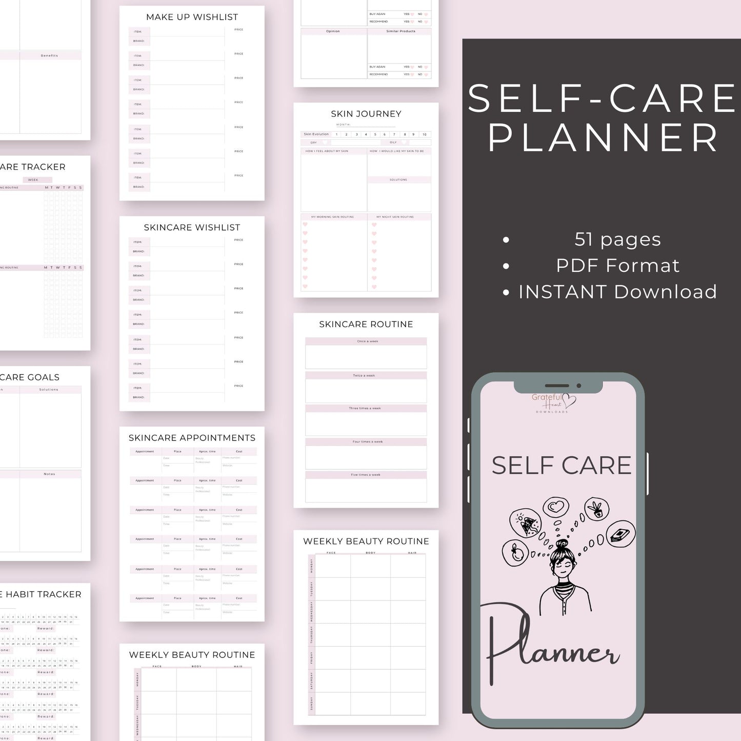 51-Page Self-Care Planner: Beauty, Wellness, & Life Organization Printables