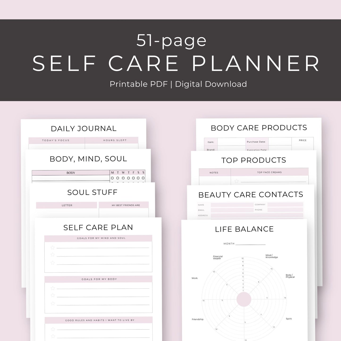 51-Page Self-Care Planner: Beauty, Wellness, & Life Organization Printables