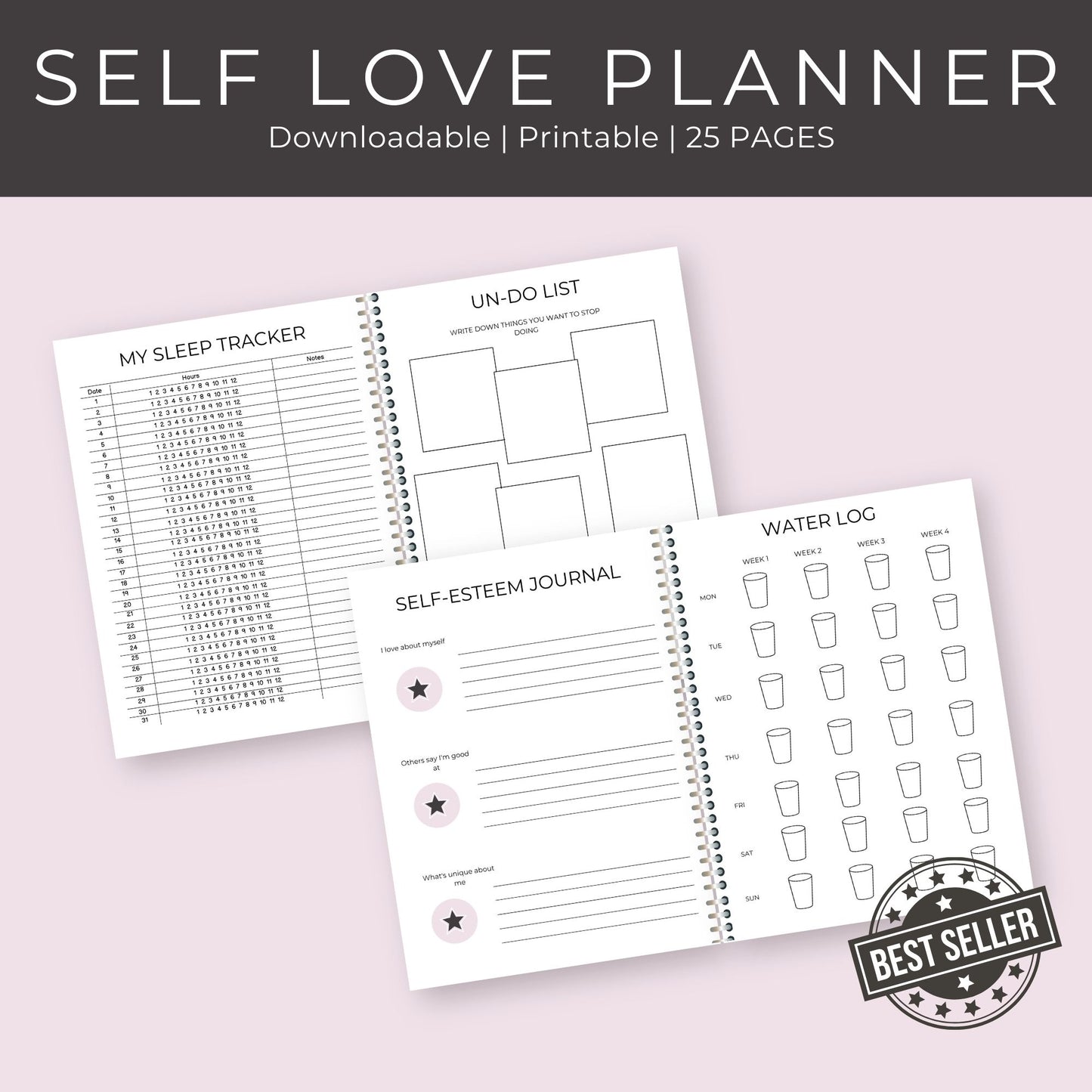 25-Page Self Love Planner: Journals, Self Care Checklists & Reflection Printables