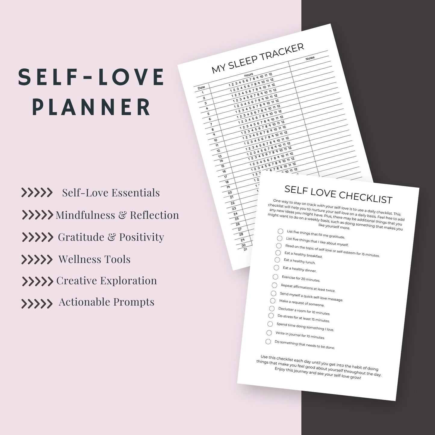 25-Page Self Love Planner: Journals, Self Care Checklists & Reflection Printables