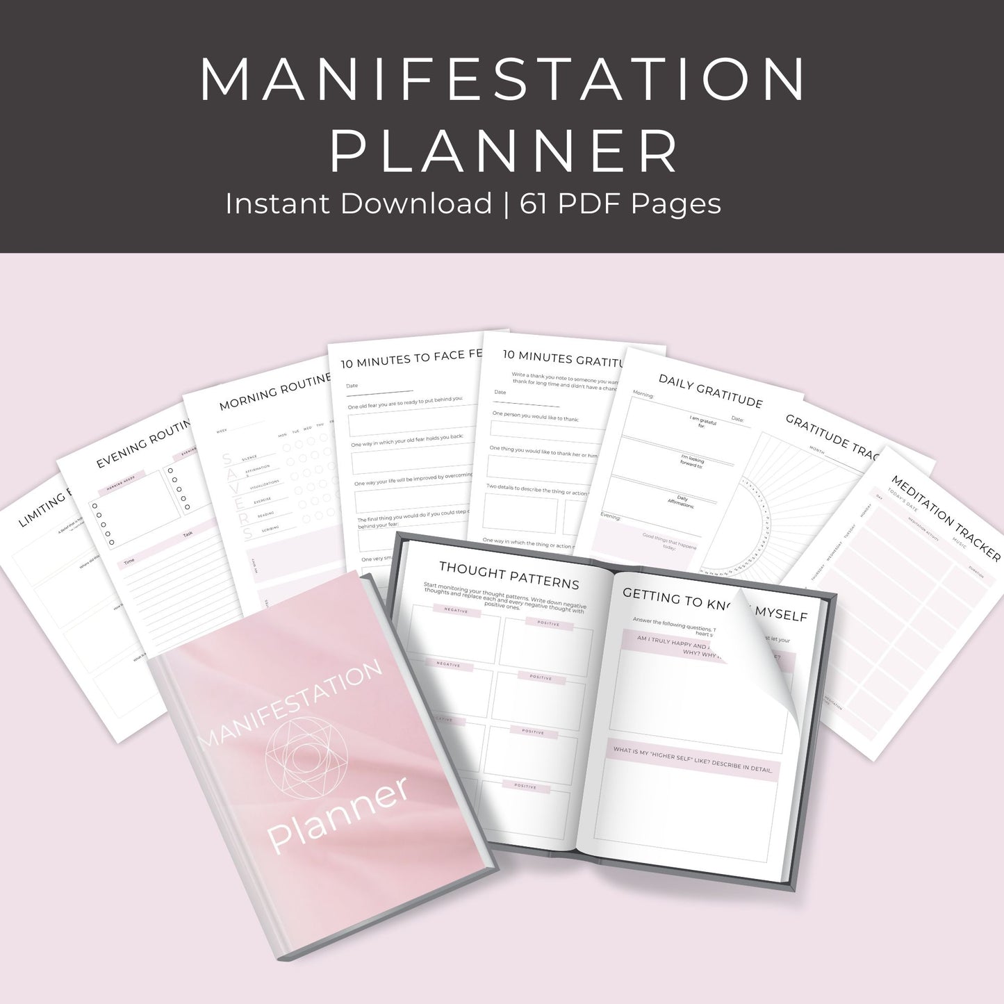 61-Page Manifestation Planner: Gratitude, Visualization, Affirmations & Goal Setting Printables