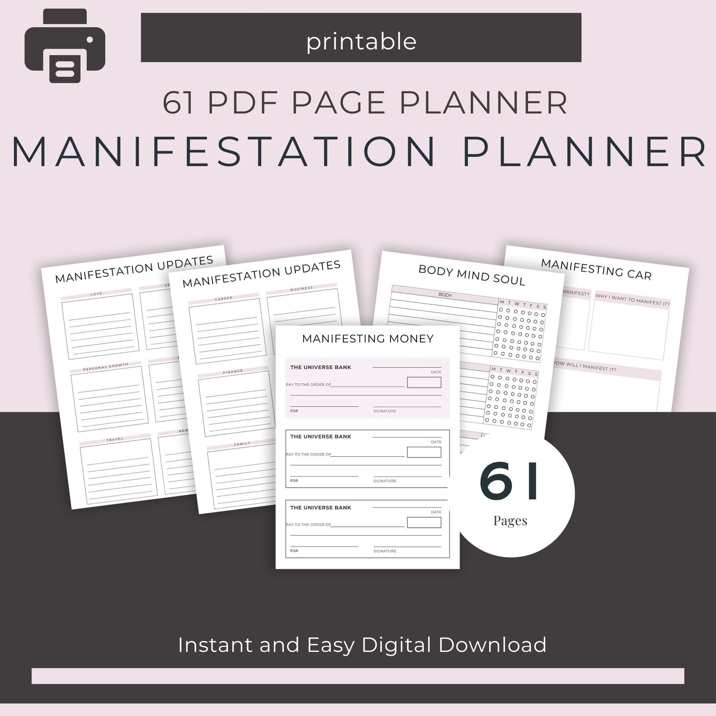 61-Page Manifestation Planner: Gratitude, Visualization, Affirmations & Goal Setting Printables